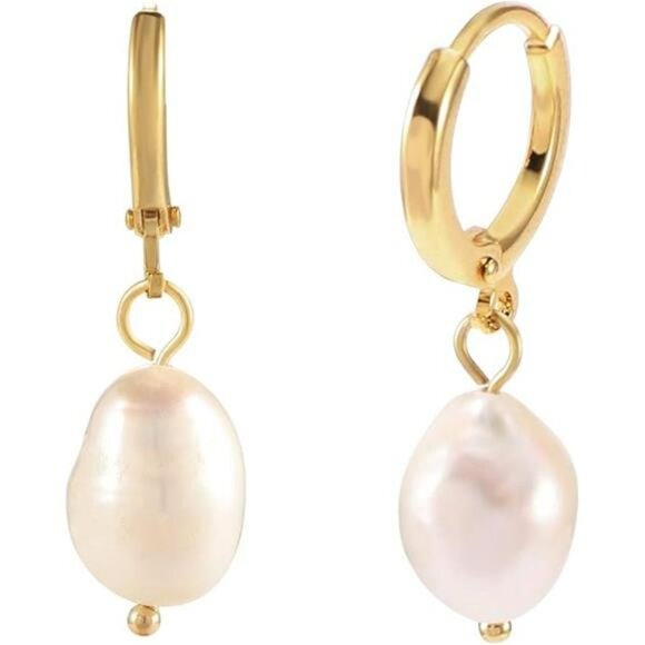 Gold Huggie Hoop Earrings for Women Pearl Drop Dangle Hypoallergenic Jewelry - Picture 7 of 7